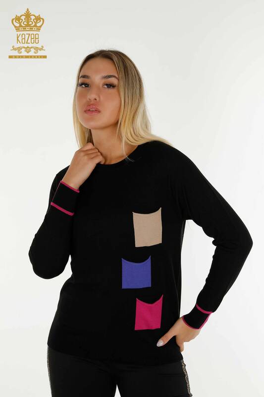 فروش عمده ژاکت بافتنی زنانه - جیبی رنگارنگ - فوشیا - 30108 | KAZEE