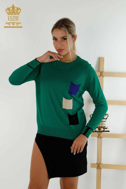 فروش عمده ژاکت بافتنی زنانه - جیب رنگی - سبز - 30108 | KAZEE