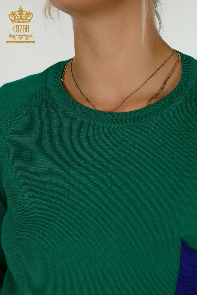 فروش عمده ژاکت بافتنی زنانه - جیب رنگی - سبز - 30108 | KAZEE - 3