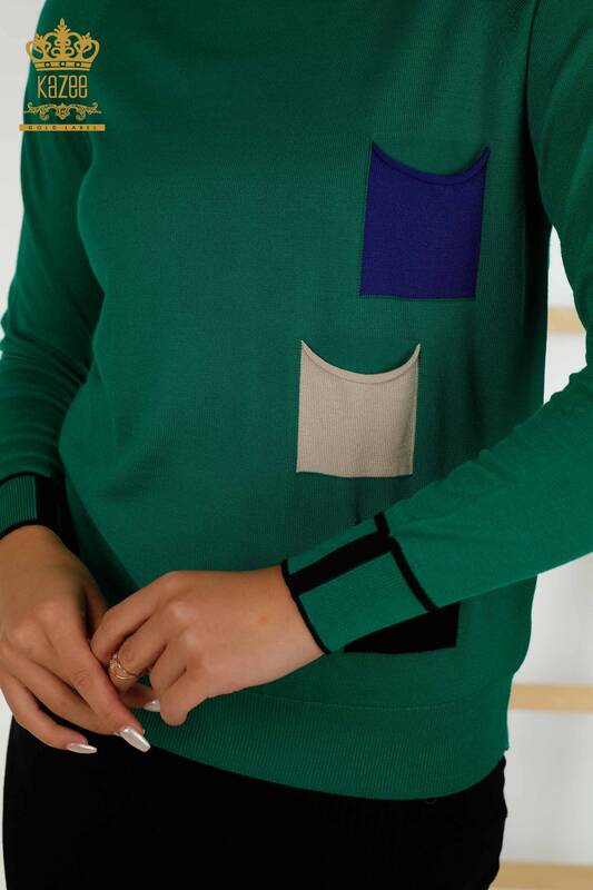 فروش عمده ژاکت بافتنی زنانه - جیب رنگی - سبز - 30108 | KAZEE