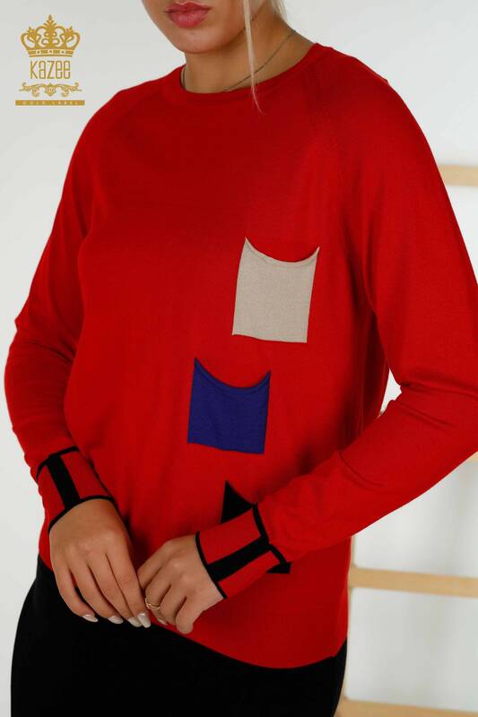 فروش عمده ژاکت بافتنی زنانه - جیب رنگی - قرمز - 30108 | KAZEE