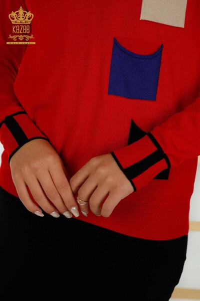 فروش عمده ژاکت بافتنی زنانه - جیب رنگی - قرمز - 30108 | KAZEE - Thumbnail