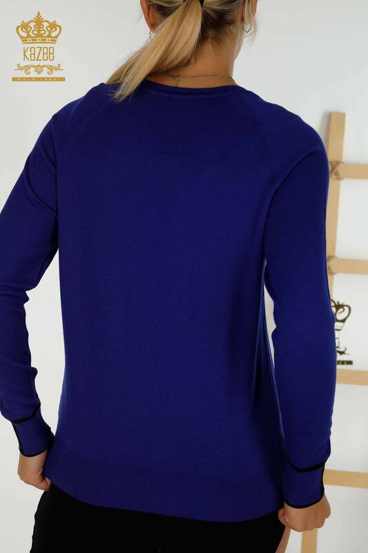 فروش عمده ژاکت بافتنی زنانه - جیب رنگی - ساکس - 30108 | KAZEE
