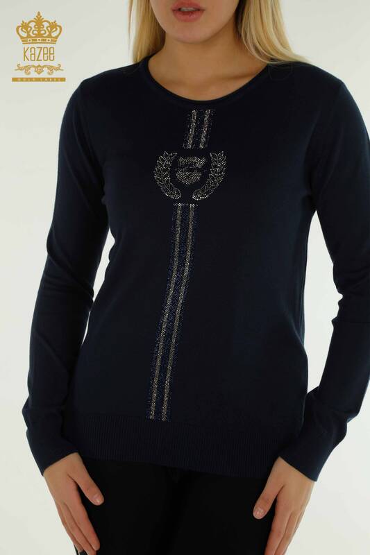 فروش عمده ژاکت بافتنی زنانه - یقه خدمه - آبی سرمه ای - 30457 | KAZEE