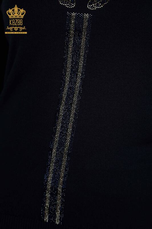 فروش عمده ژاکت بافتنی زنانه - یقه خدمه - آبی سرمه ای - 30457 | KAZEE