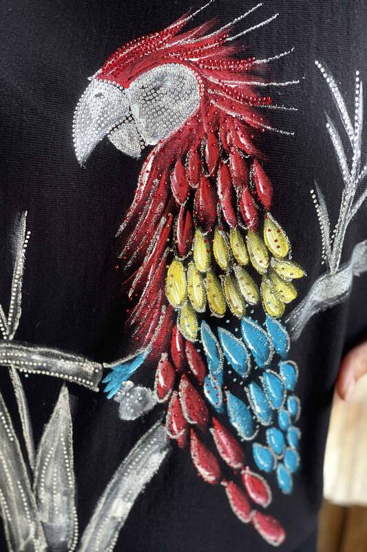 فروش عمده ژاکت بافتنی زنانه - یقه خدمه - الگوی طوطی - 16513 | KAZEE