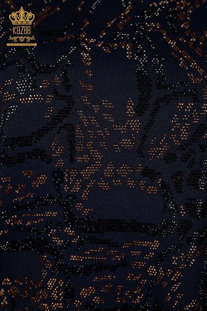 عمده فروشی ژاکت بافتنی زنانه با گلدوزی سنگ کریستالی سرمه ای -30008 / کازی - 3