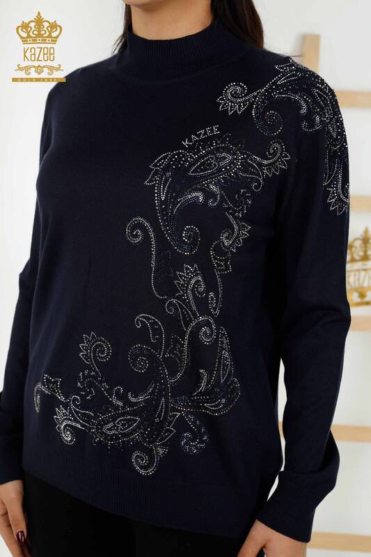 فروش عمده ژاکت بافتنی زنانه - کریستال - سنگ دوزی - سرمه ای - 30013 | KAZEE