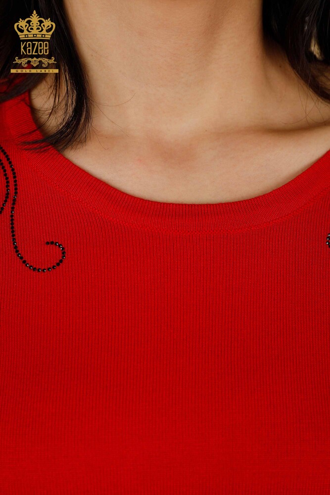 فروش عمده ژاکت بافتنی زنانه - کریستال - سنگ دوزی - قرمز - 30210 | KAZEE - 3