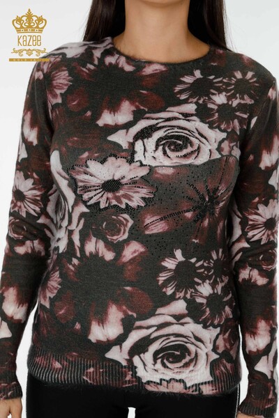 فروش عمده ژاکت بافتنی زنانه چاپ دیجیتال قهوه ای - 18968 | KAZEE - 2