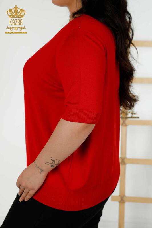 فروش عمده ژاکت بافتنی زنانه - طرح گل - قرمز - 16963 | KAZEE