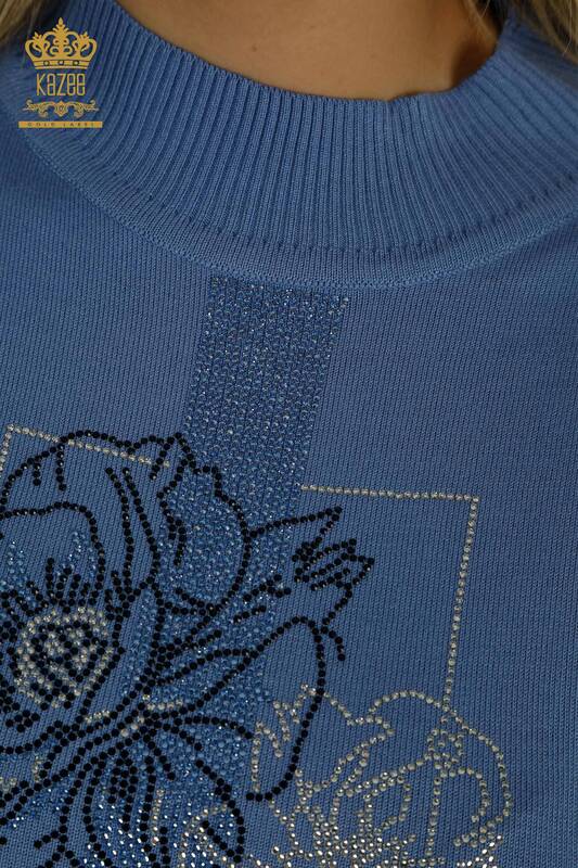 فروش عمده ژاکت بافتنی زنانه - گل دوزی - آبی - 30614 | KAZEE
