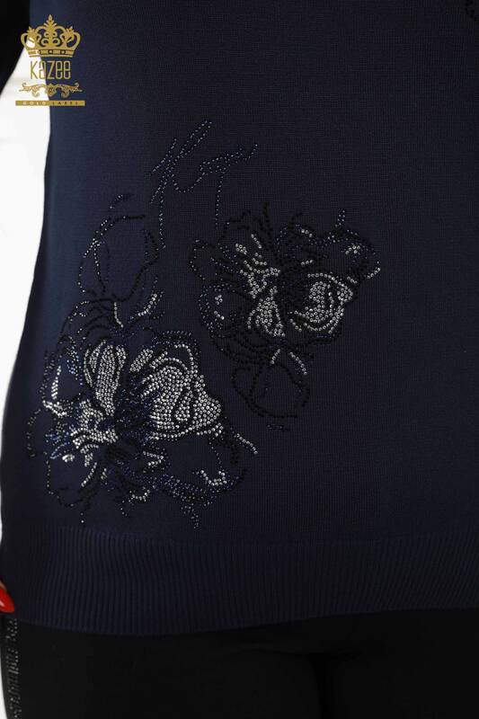 فروش عمده ژاکت بافتنی زنانه - طرح گل - آبی سرمه ای - 30152 | KAZEE
