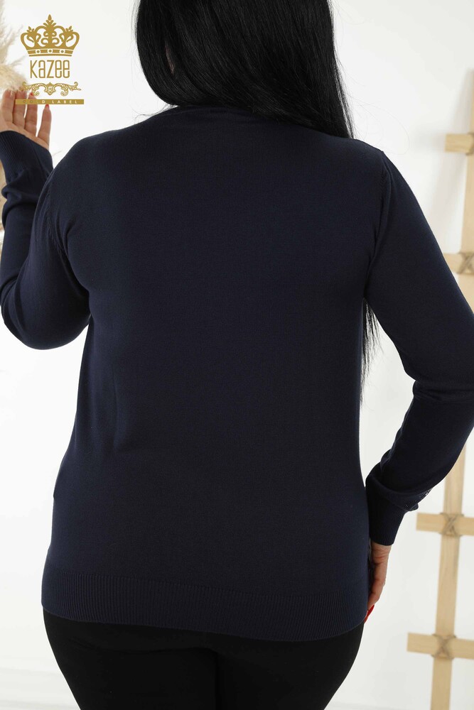 فروش عمده ژاکت بافتنی زنانه - طرح گل - آبی سرمه ای - 30152 | KAZEE - 6