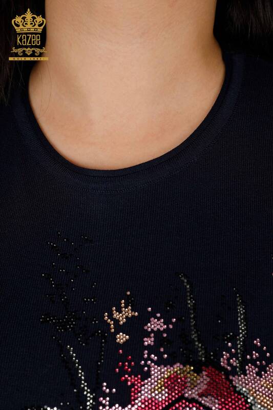 فروش عمده ژاکت بافتنی زنانه - طرح گل - آبی سرمه ای - 30214 | KAZEE