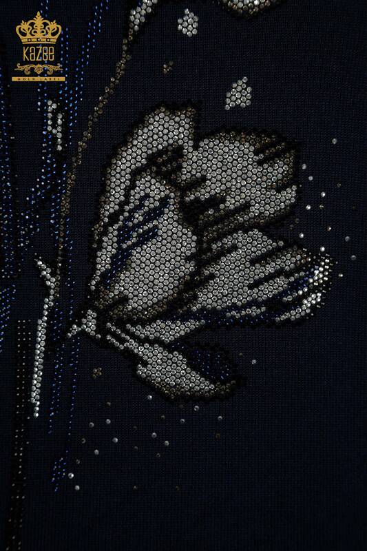 فروش عمده ژاکت بافتنی زنانه - طرح گل - آبی سرمه ای - 30656 | KAZEE