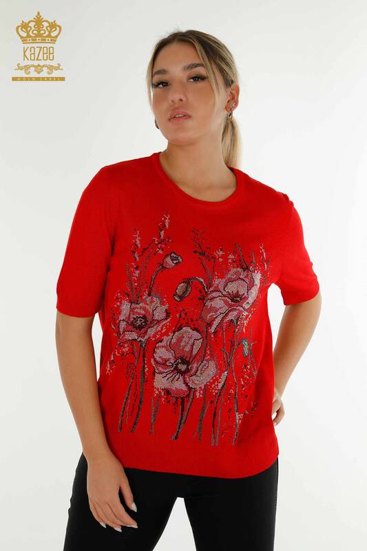 فروش عمده ژاکت بافتنی زنانه - طرح گل - قرمز - 30214 | KAZEE