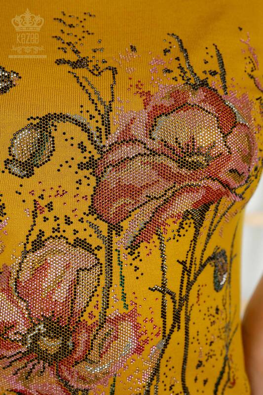 فروش عمده ژاکت بافتنی زنانه - طرح گل - زعفرانی - 30214 | KAZEE