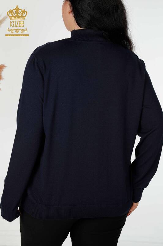 فروش عمده ژاکت بافتنی زنانه - یقه ایستاده - پایه - آبی سرمه ای - 16663 | KAZEE