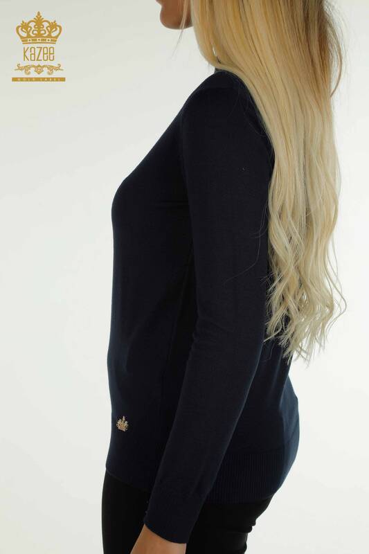 فروش عمده ژاکت بافتنی زنانه - یقه ایستاده - پایه - آبی سرمه ای - 30613 | KAZEE