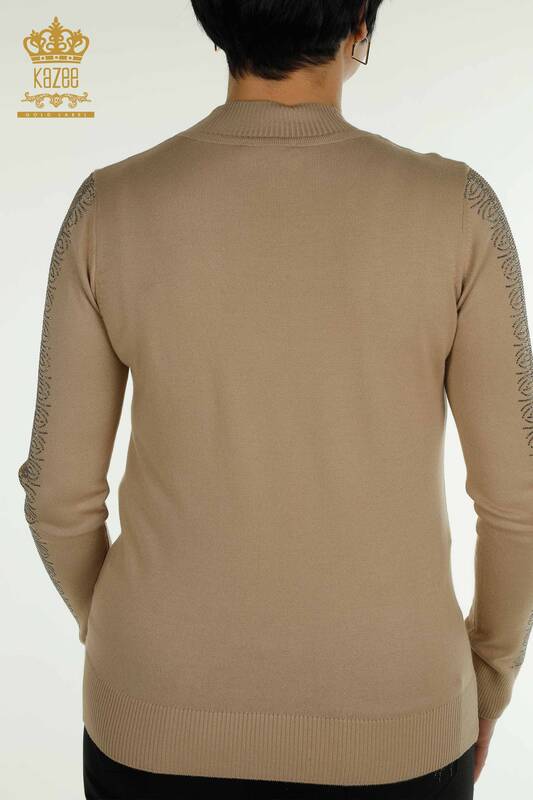 فروش عمده ژاکت بافتنی زنانه یقه بلند بژ - 30564 | KAZEE