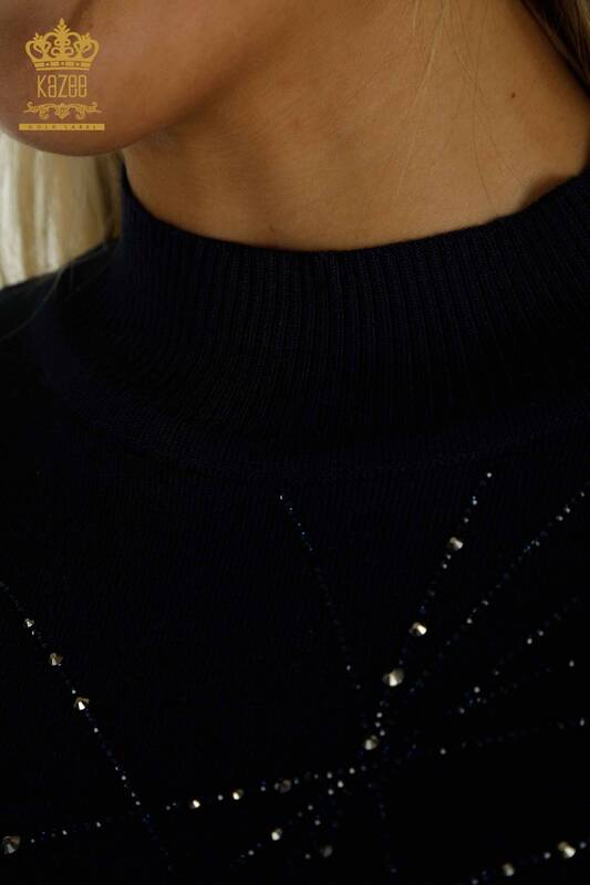 فروش عمده ژاکت بافتنی زنانه - یقه ایستاده - آبی سرمه ای - 30454 | KAZEE