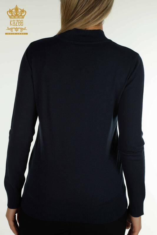 فروش عمده ژاکت بافتنی زنانه - یقه ایستاده - آبی سرمه ای - 30454 | KAZEE