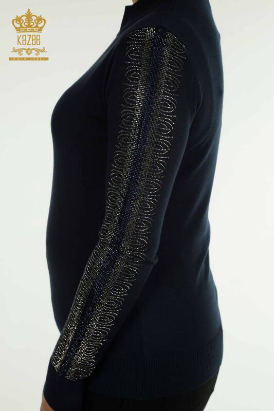 فروش عمده ژاکت بافتنی زنانه آبی سرمه ای یقه بلند - 30564 | KAZEE