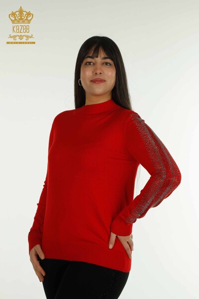 فروش عمده ژاکت بافتنی زنانه یقه بلند قرمز - 30564 | KAZEE - Thumbnail