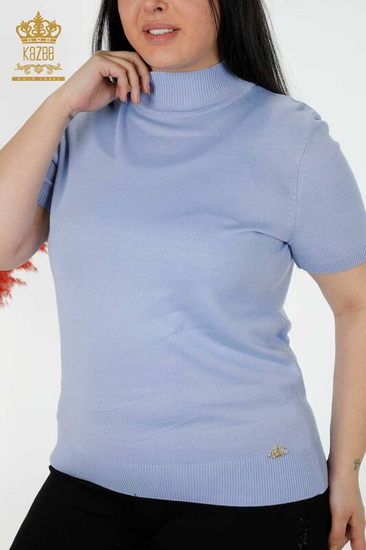 فروش عمده ژاکت بافتنی زنانه یقه بلند ویسکوز آبی روشن - 16168 | KAZEE