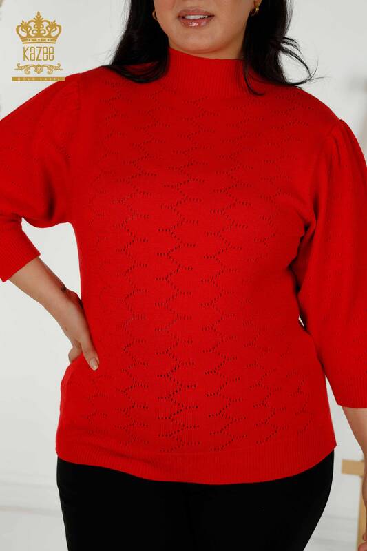 فروش عمده ژاکت بافتنی زنانه - سوراخ دار - قرمز - 30341 | KAZEE