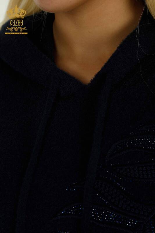 فروش عمده ژاکت بافتنی زنانه - کلاه دار - آنگورا - آبی سرمه ای - 40008 | KAZEE