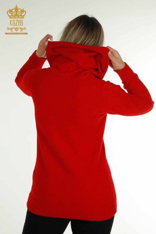 فروش عمده ژاکت بافتنی زنانه - کلاه دار - آنگورا - قرمز - 40008 | KAZEE