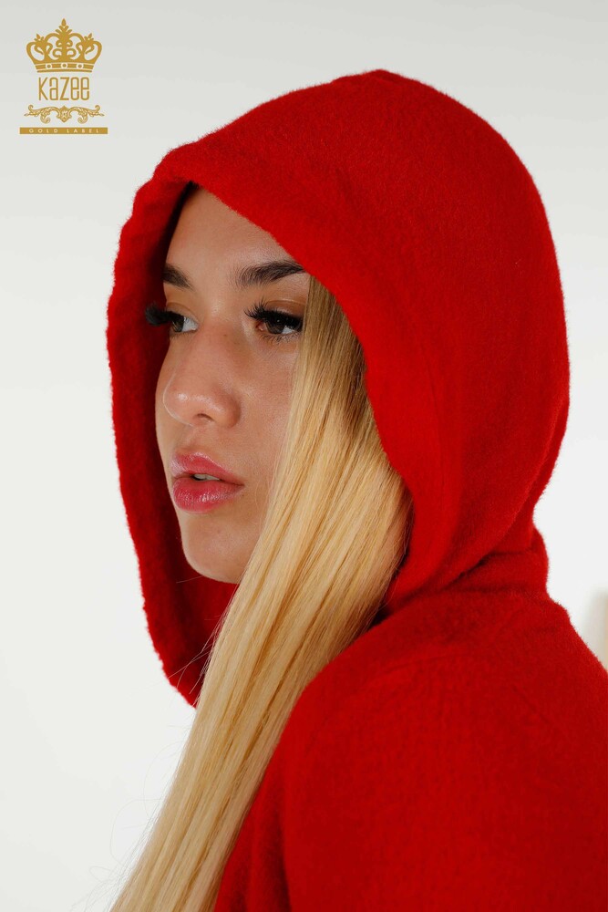 فروش عمده ژاکت بافتنی زنانه - کلاه دار - قرمز - 40006 | KAZEE - 8