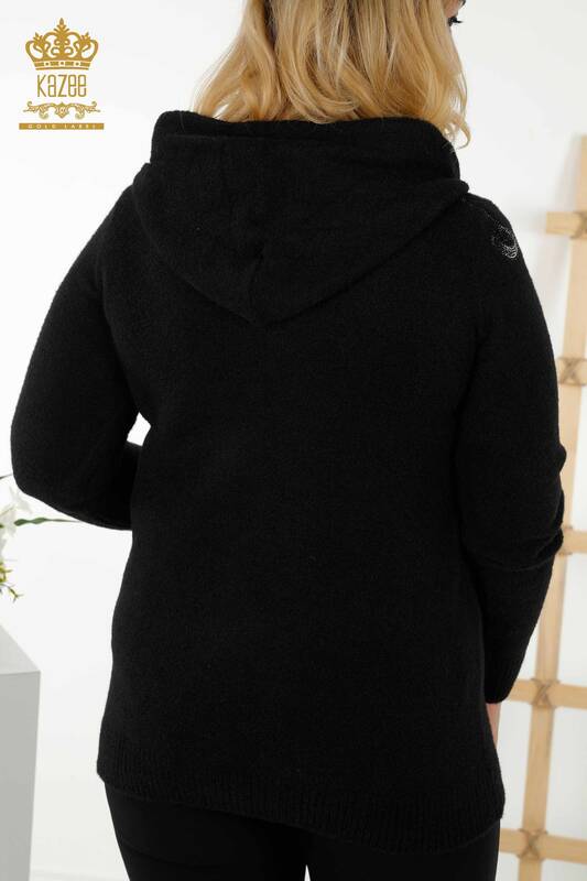 فروش عمده ژاکت بافتنی زنانه - کلاه دار - طرح دار - مشکی - 40005 | KAZEE