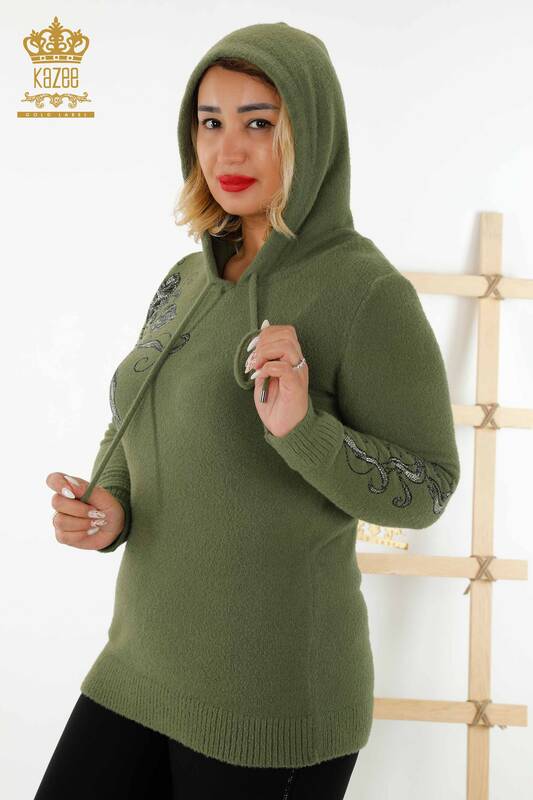 فروش عمده ژاکت بافتنی زنانه - کلاه دار - طرح دار - خاکی - 40005 | KAZEE