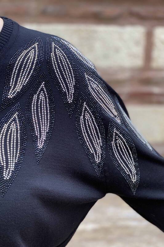 فروش عمده ژاکت بافتنی زنانه - طرح برگ - سنگ دوزی - 16470 | KAZEE