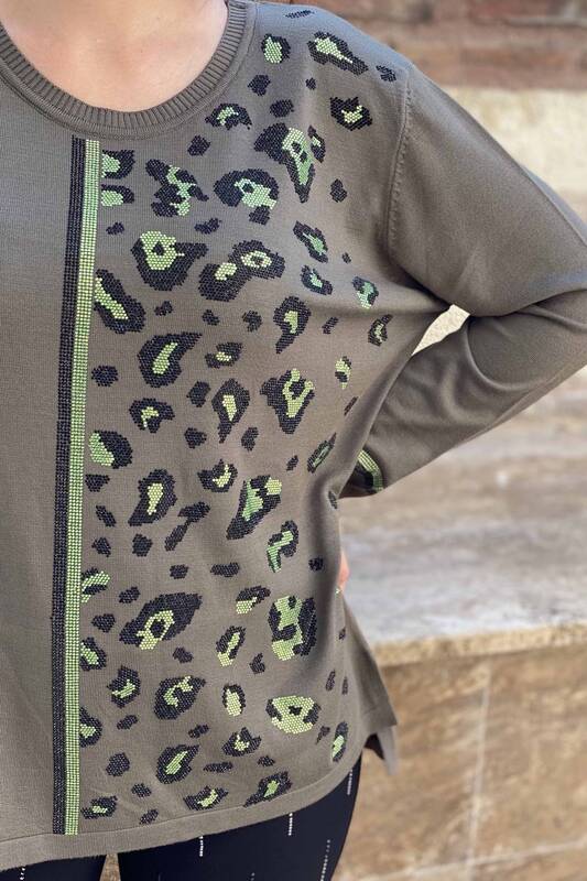 فروش عمده ژاکت بافتنی زنانه - طرح پلنگی - یقه خدمه - 16472 | KAZEE