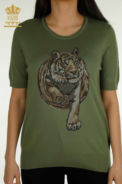 فروش عمده ژاکت بافتنی زنانه - پلنگی - سنگ دوزی - خاکی - 30747 | KAZEE - 2