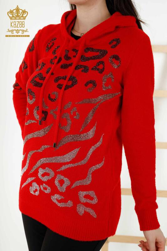 فروش عمده ژاکت بافتنی زنانه - پلنگی - سنگ دوزی - قرمز - 40004 | KAZEE