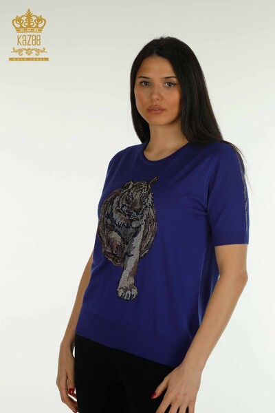 فروش عمده ژاکت بافتنی زنانه - پلنگی - سنگ دوزی - ساکس - 30747 | KAZEE 