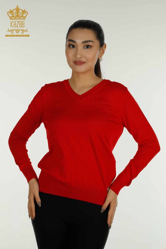 فروش عمده ژاکت بافتنی زنانه - آستین بلند - قرمز - 11071 | KAZEE