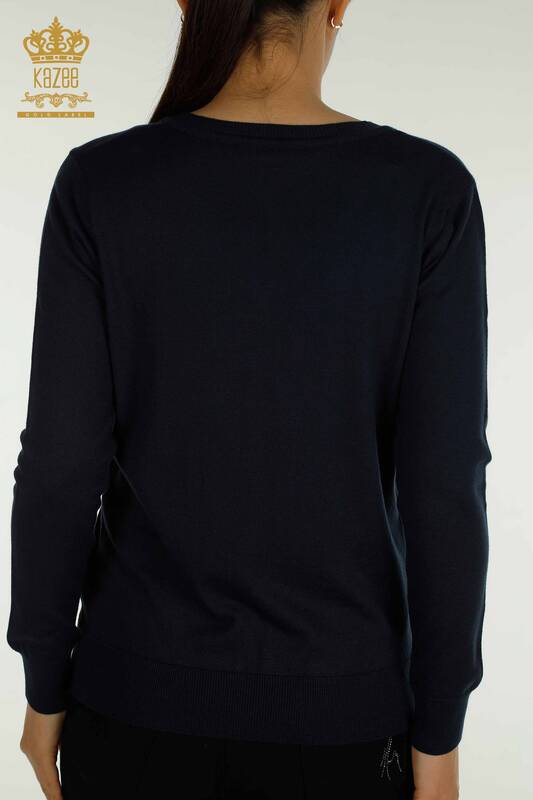 فروش عمده ژاکت بافتنی زنانه - آستین بلند - آبی سرمه ای - 11071 | KAZEE