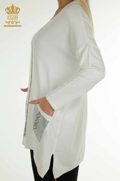 فروش عمده ژاکت بافتنی زنانه - جیبی با جزئیات - Ecru - 30622 | KAZEE - Thumbnail