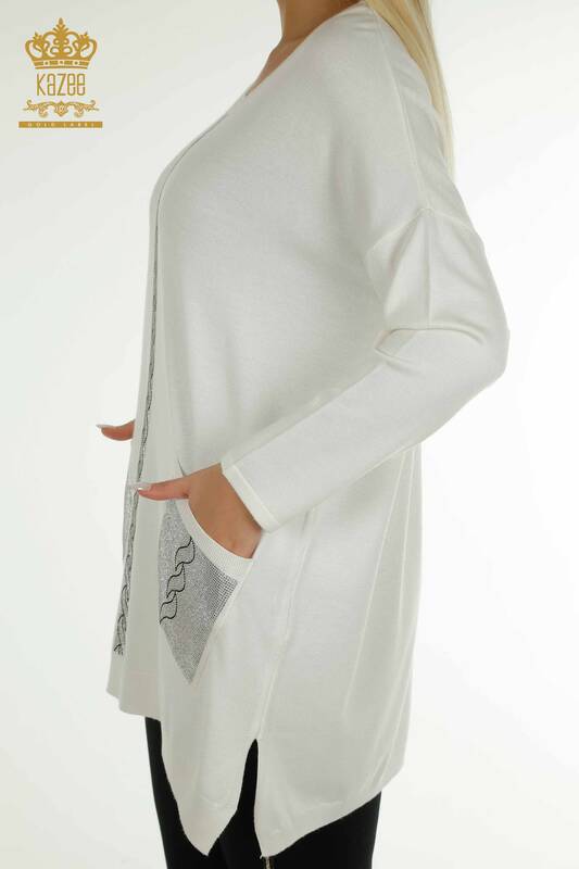 فروش عمده ژاکت بافتنی زنانه - جیبی با جزئیات - Ecru - 30622 | KAZEE
