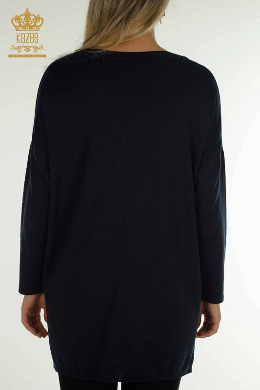 فروش عمده ژاکت بافتنی زنانه - جزییات جیبی - آبی سرمه ای - 30591 | KAZEE