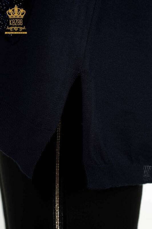 فروش عمده ژاکت بافتنی زنانه - جزییات جیبی - آبی سرمه ای - 30622 | KAZEE