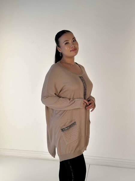 فروش عمده ژاکت بافتنی زنانه جیبی سنگ دوزی با طرح پلنگی یقه بژ - 30621 | KAZEE - 3