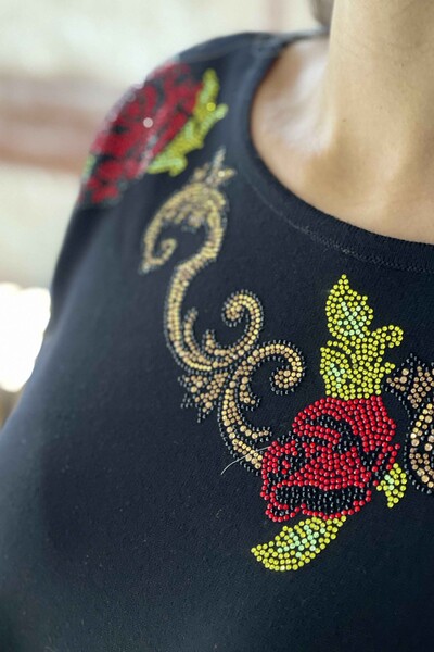 فروش عمده ژاکت بافتنی زنانه - طرح رز - گلدوزی شده - 16604 | KAZEE - Thumbnail