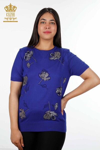 فروش عمده لباس بافتنی زنانه - طرح رز - آستین کوتاه - سنگ دوزی - 16908 | KAZEE - Thumbnail